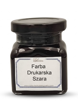 Szklany słoik z czarną zakrętką i etykietą „Farba Drukarska Szara” na jasnym tle – farba graficzna w ciepłym odcieniu szarości 100 g