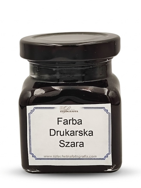 Szklany słoik z czarną zakrętką i etykietą „Farba Drukarska Szara” na jasnym tle – farba graficzna w ciepłym odcieniu szarości 100 g